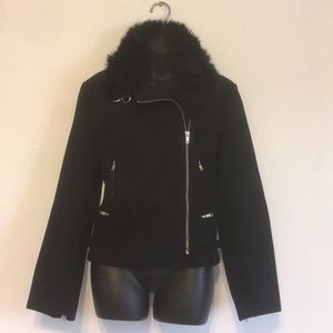BCBGMAXAZRIA Black Moto Jacket with Faux Fur Trim